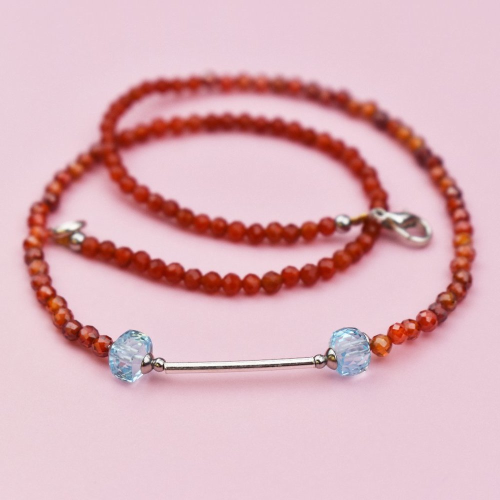 Orange carnelian and blue topaz necklace women, tiny stone crystal bead choker